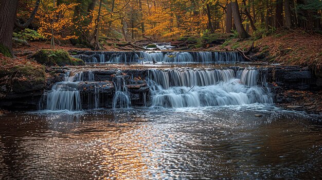 Photo a waterfall in the woods is lit by the sun