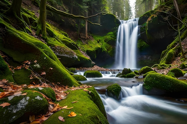 A waterfall in the woods with moss covered rocks and trees