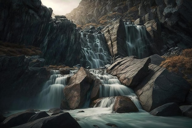 Waterfalls cascading down a rocky terrain