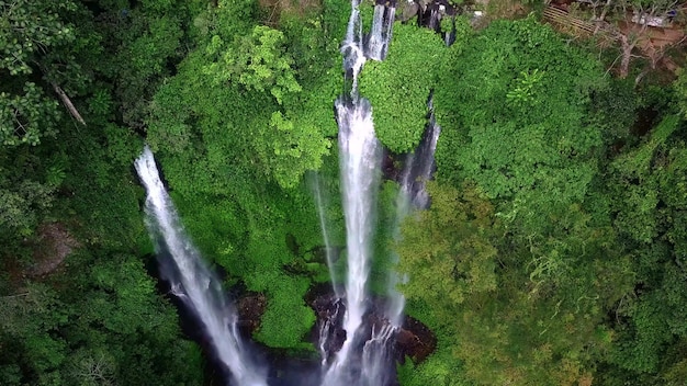 Waterfalls in forest of bali, Indonesia. Water flow from stones in tropical island. Aerial View.