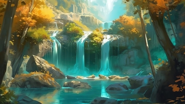 Waterfalls in forest bright color Generative Ai