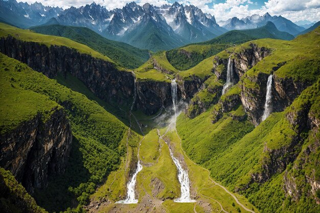 Photo waterfalls in the middle of a green valley