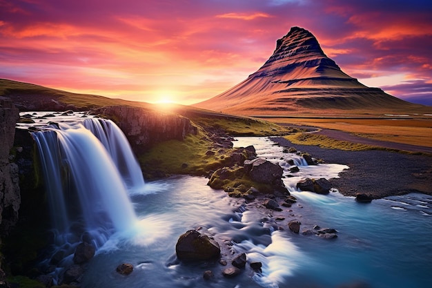 waterfalls and mountains in iceland at sunset