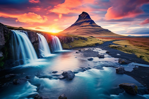 waterfalls and mountains in iceland at sunset