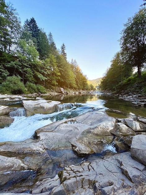 Waterfalls Probiy in Yaremche and mountain view river Prut Carpathians Ukraine