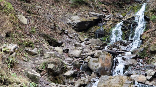 石の壁のある小さな峡谷の滝。山の中の美しいカスケード。山の秋の森のカルパティア山脈の川。風光明媚な景色、水の動き。