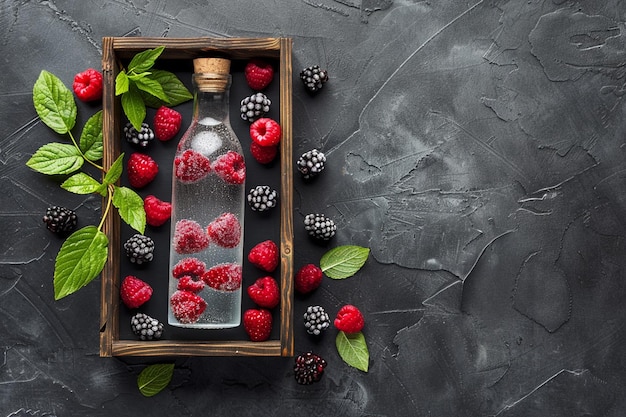 Waterfles met zwarte bessen en frambozen