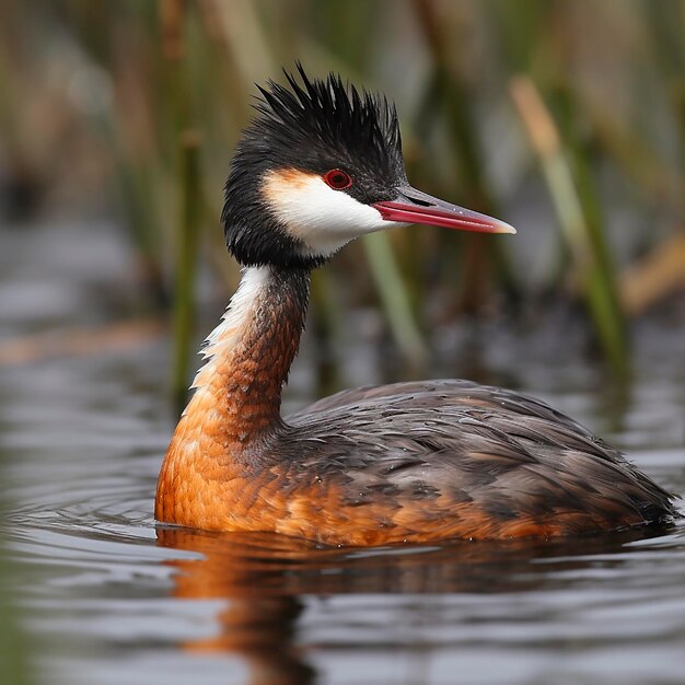 Waterfowl grebe Podiceps cristatus in the river portrait closeup