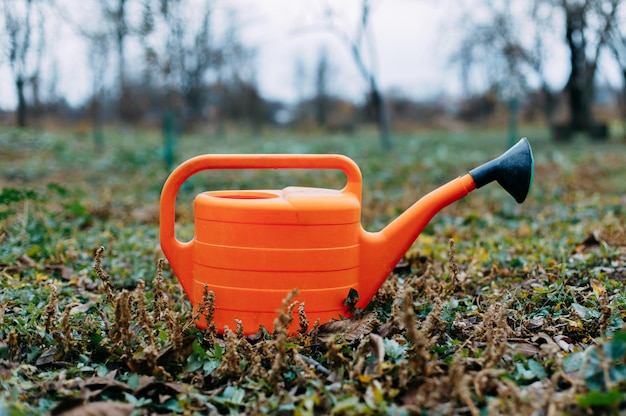 Watering can lying in the grass. Gardening concept.