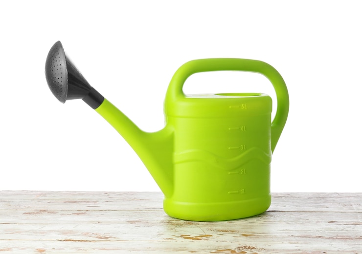 Photo watering can on table against white space