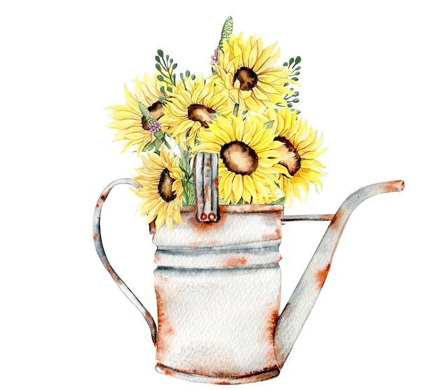 A watering can with sunflowers on it.