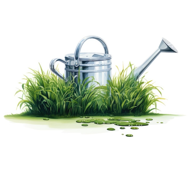 Photo watering can with watering path and grass