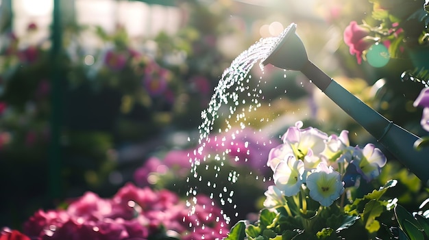 Photo watering flowers in garden centre generative ai