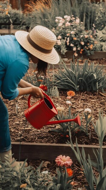 watering flowers in garden with watering can