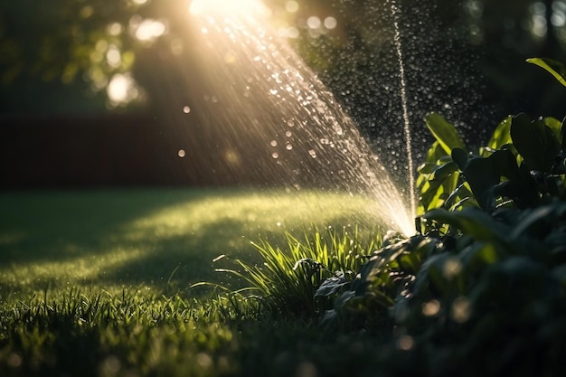 Watering the lawn grass in the park water splashes against the backdrop of the sun Generative AI