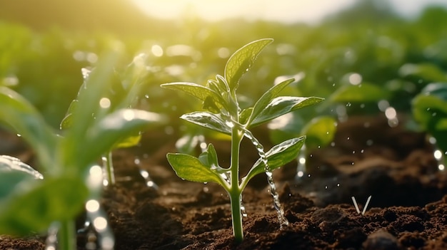 Полив растений и овощей в поле капельным орошением крупным планом Сгенерировано AI
