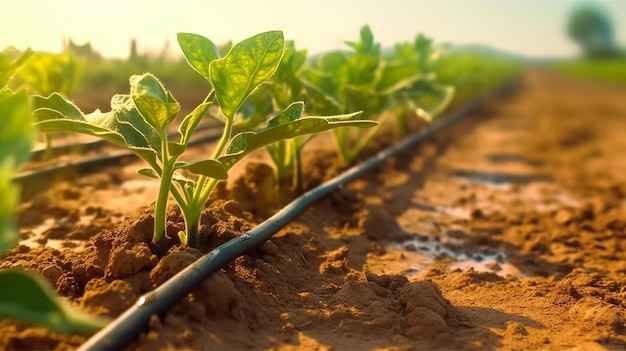 畑の植物や野菜に水をやる点滴灌漑のクローズアップ生成された AI