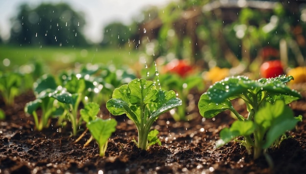 Watering van groene slaplanten op het veld waar AI is gegenereerd