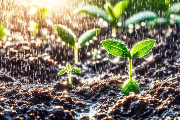 Watering a young plant in the garden on a sunny day drops fall on the sprout Banner