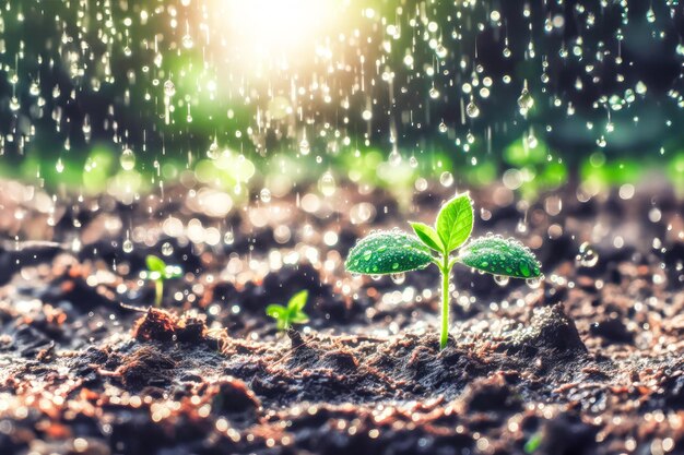 Watering a young plant in the garden on a sunny day drops fall on the sprout Banner