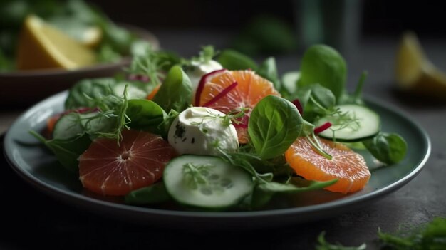 Waterkerssalade met komkommermozzarella en bloedsinaasappelen