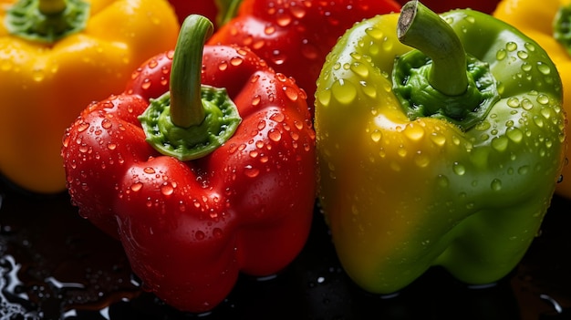 Photo waterkissed harvest topdown view of fresh peppers in seamless design