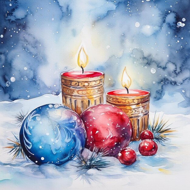 Waterkleur schilderij van kerstversieringen en kaarsen in een koude sneeuwige donkere nacht