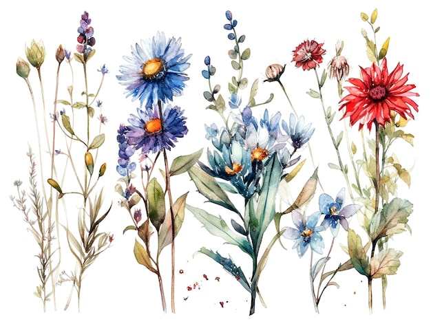 Waterkleur wilde bloemen behang ontwerp illustratie en geïsoleerde witte achtergrond
