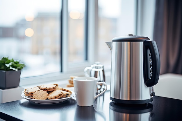 Waterkokertafel met kopjes en koekjes in de keuken