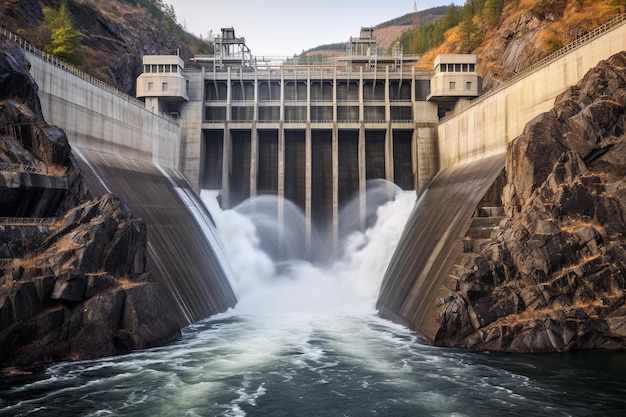 Waterkrachtcentrale met sterke watervallen die naar beneden vallen, schoon en duurzaam energieconcept