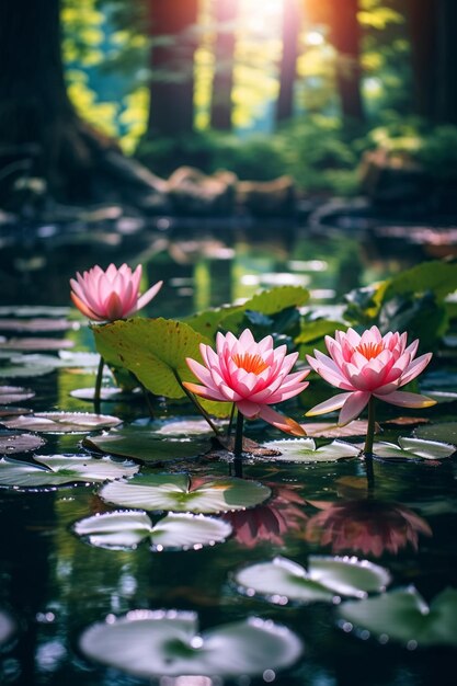 waterlelie op het meer water reflectie bomen in het bos wilde lotus bij zonsondergang hemel op zee