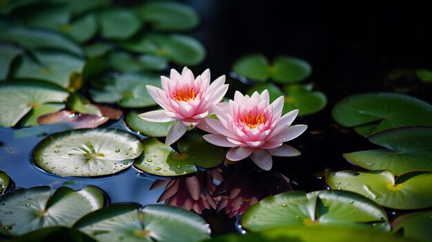 Foto waterlelie op het meer water reflectie bomen in het bos wilde lotus bij zonsondergang hemel op zee