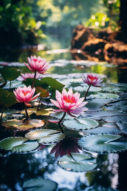 Foto waterlelie op het meer water reflectie bomen in het bos wilde lotus bij zonsondergang
