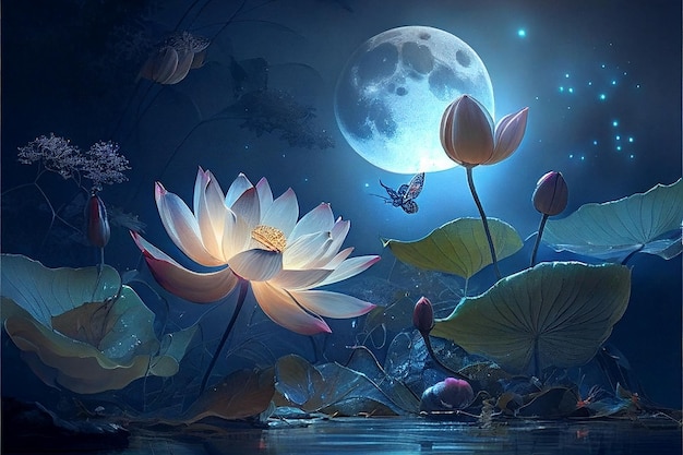 Waterlily and moon in starry night illustration