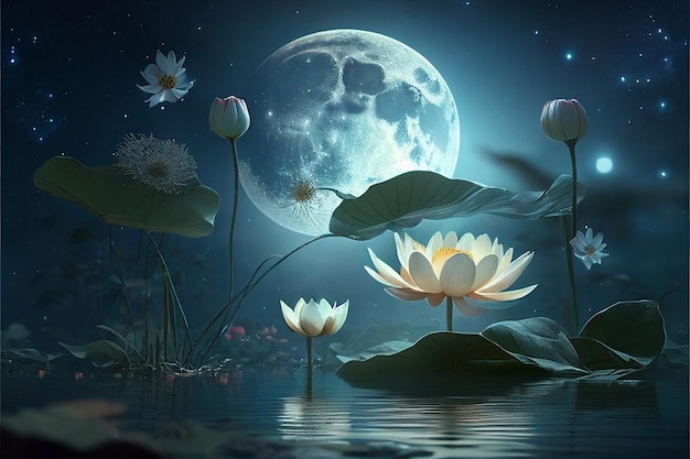 Waterlily and moon in starry night illustration