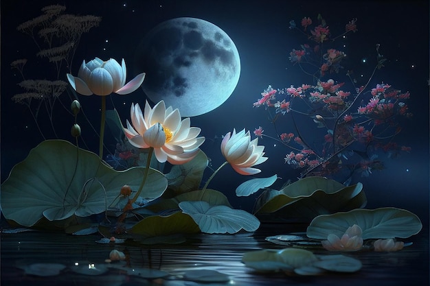 Waterlily and moon in starry night illustration