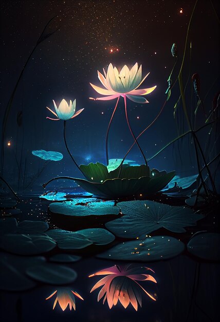 Waterlily and moon in starry night illustration