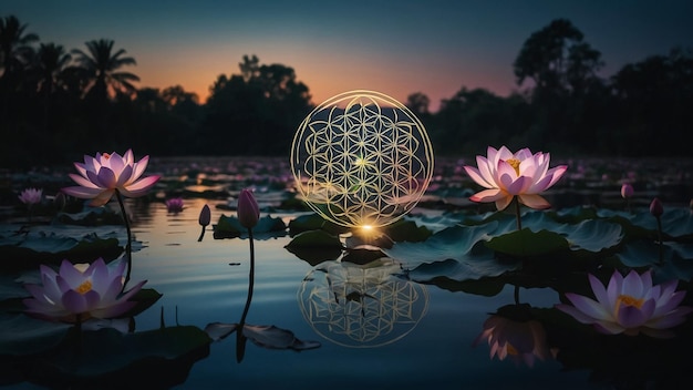 A waterlily and sunlight reflections on the water surface