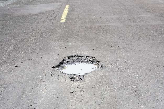 古い道路の水浸しの穴