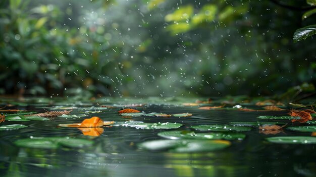 Photo waterlogged leaves reflecting the soft light of a rainy day casting a tranquil glow over the forest