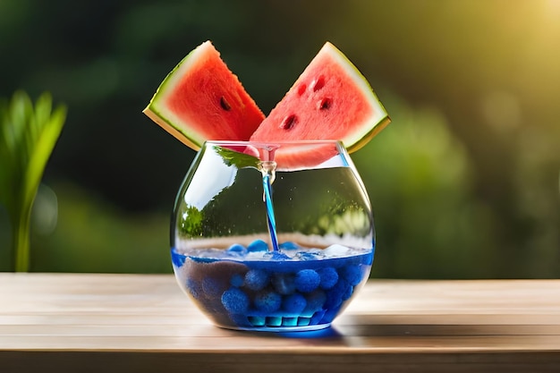 watermeloen en bosbessen in een glas met water.