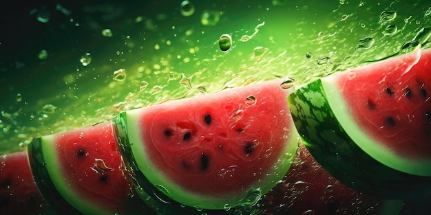 Watermeloen plakjes met waterdruppels op groene achtergrond 3d illustratie