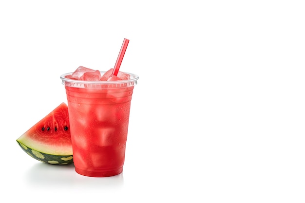 watermeloen smoothie in afhaalbeker met watermeloen gesneden op witte achtergrond met kopieerruimte