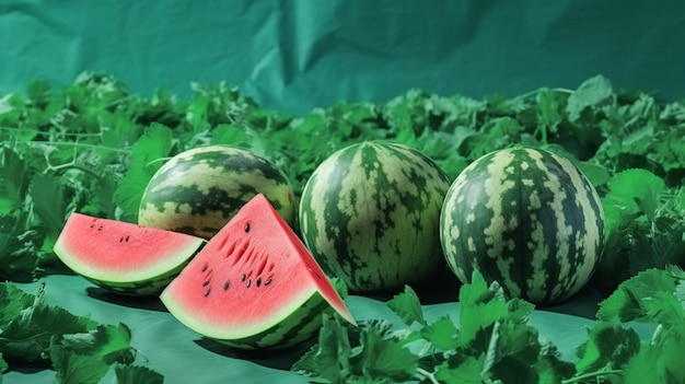 Foto watermeloenen op een groene achtergrond met bladeren