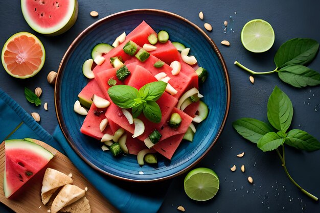 Watermeloensalade op een blauw bord met plakjes komkommer op een donkere achtergrond.