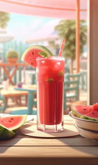Watermeloensap met plonsen met Watermeloenfruit in studio achtergrondrestaurant met tuin