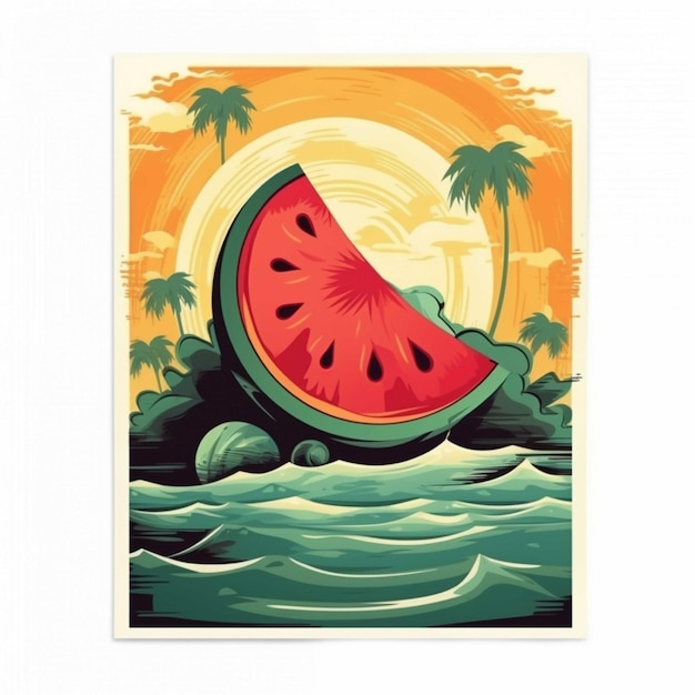 Photo watermelon on the background of the sun and palm trees vector illustration