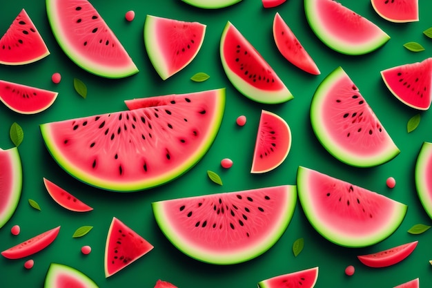 Watermelon background that is green and has a red slice on it.