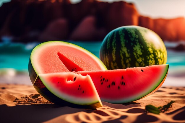 Watermelon on the beach with a beach in the background