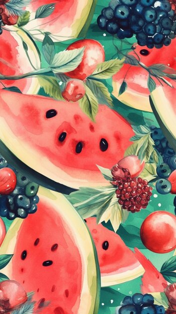 A watermelon and berries background with a green background